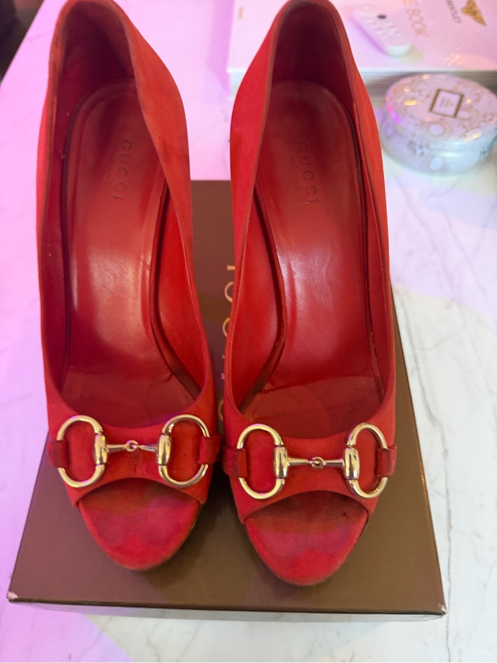 Gucci orange Suede Peep-Toe Pumps with Horsebit